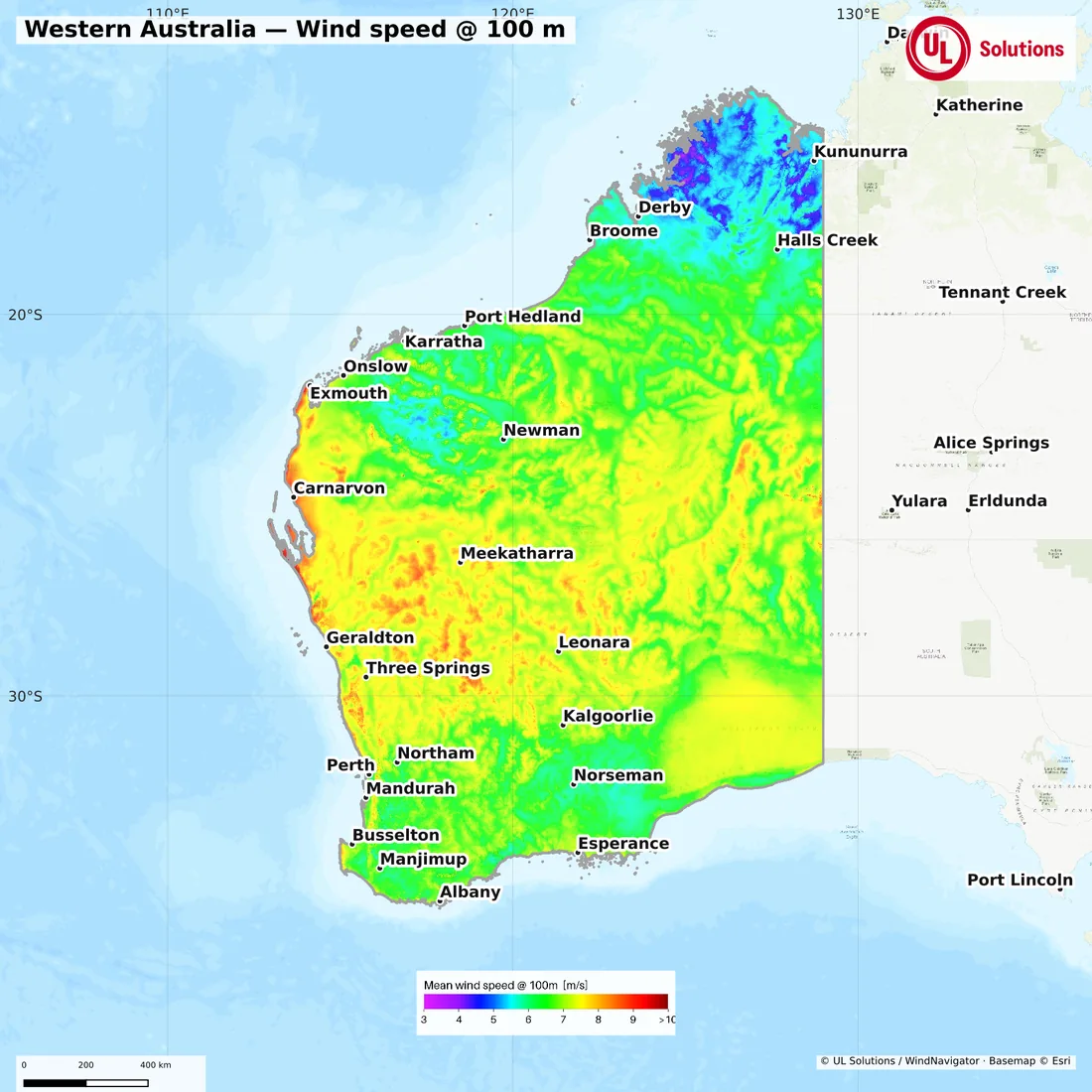 Wind speed map of Western Australia at 100m hub height