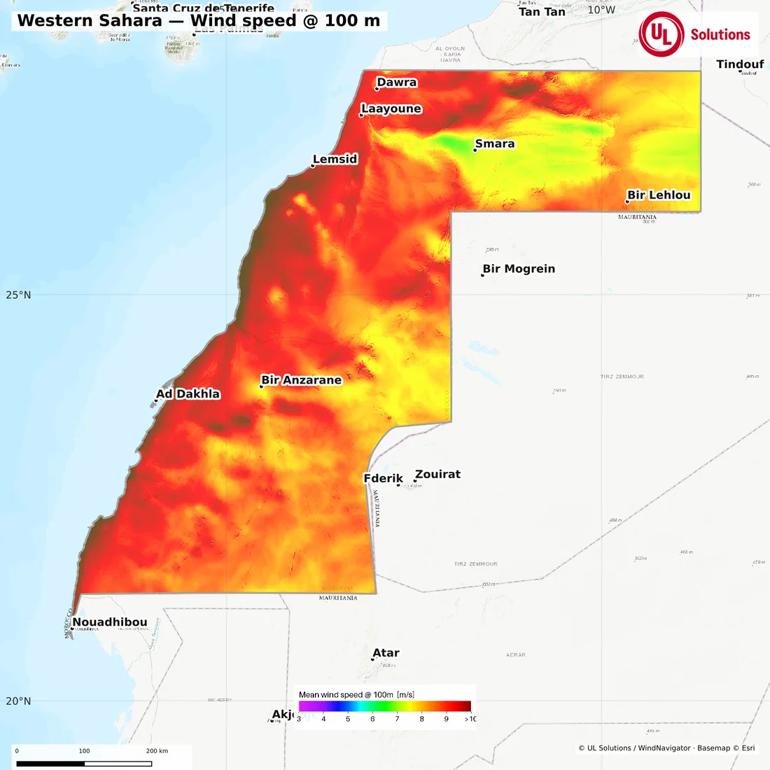 Wind speed map of Western Sahara at 100m hub height