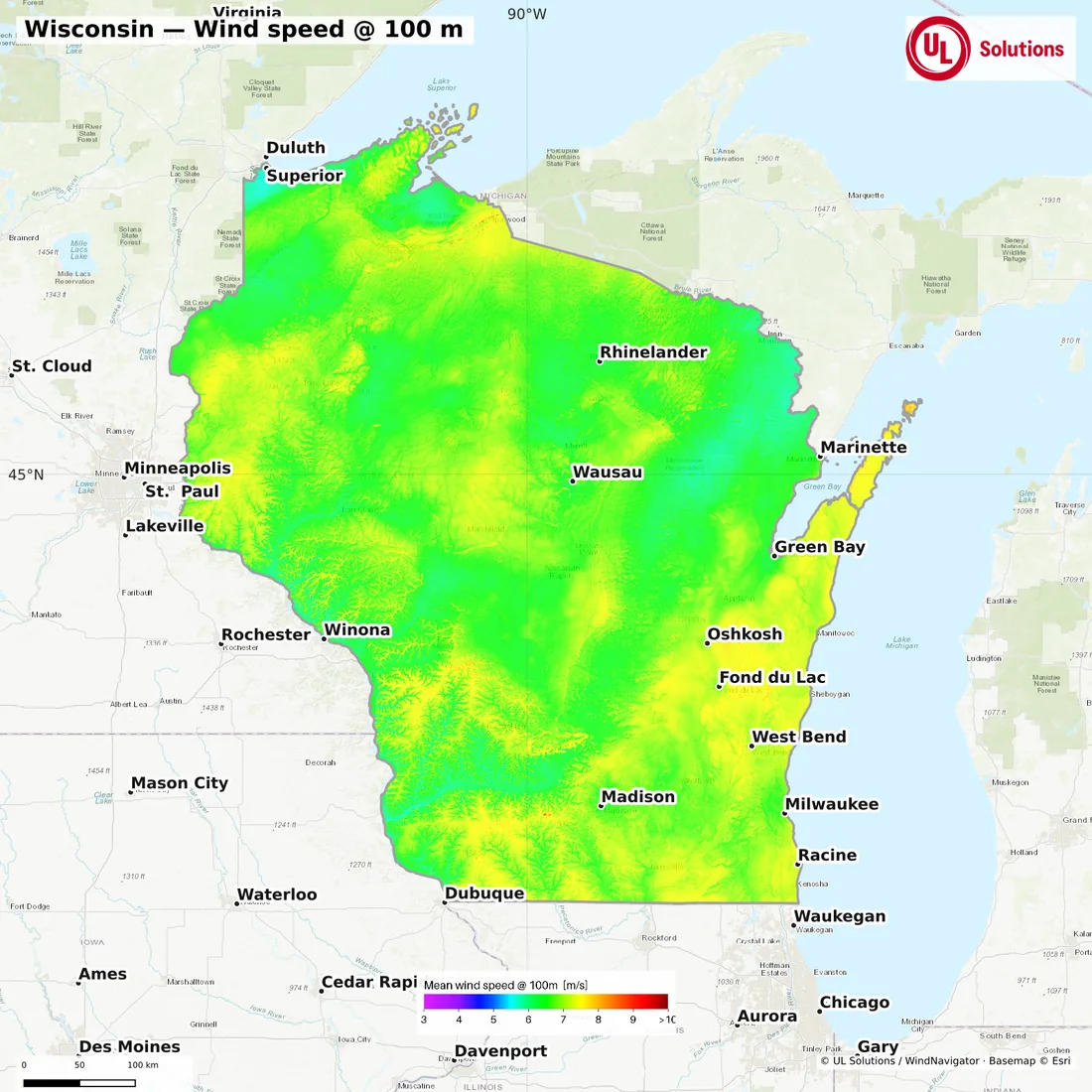 Wind speed map of Wisconsin at 100m hub height