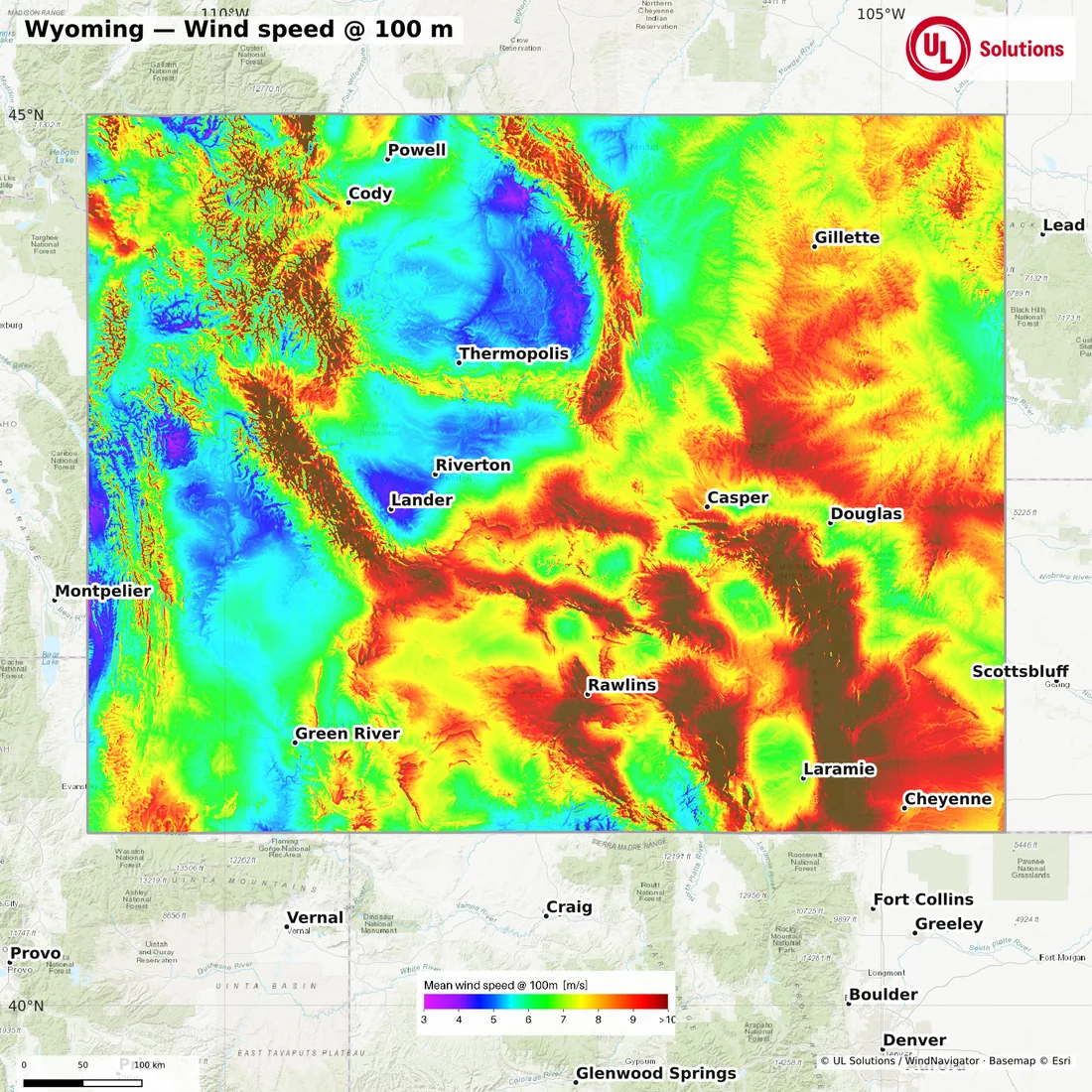 Wind speed map of Wyoming at 100m hub height