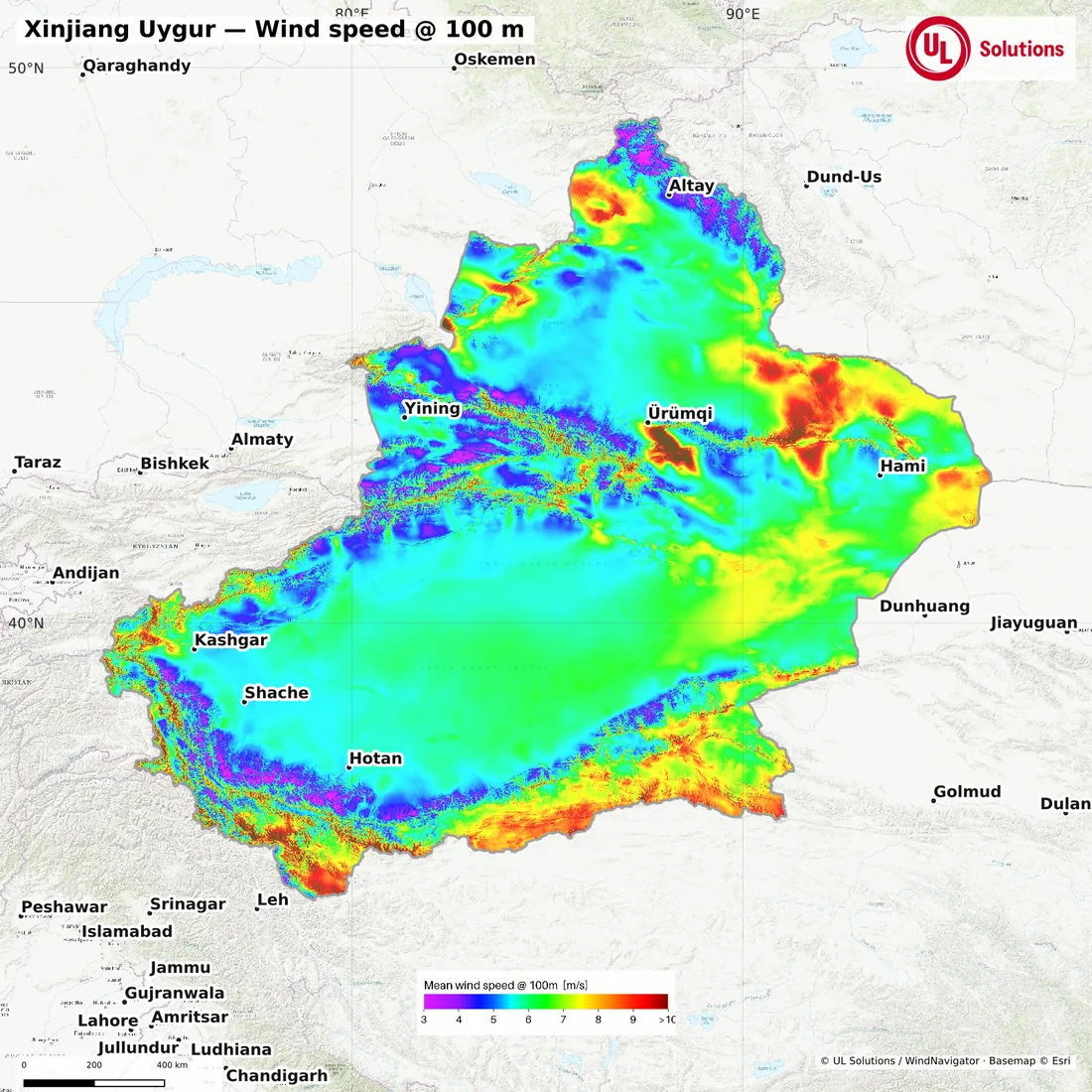 Wind speed map of Xinjiang Uygur at 100m hub height