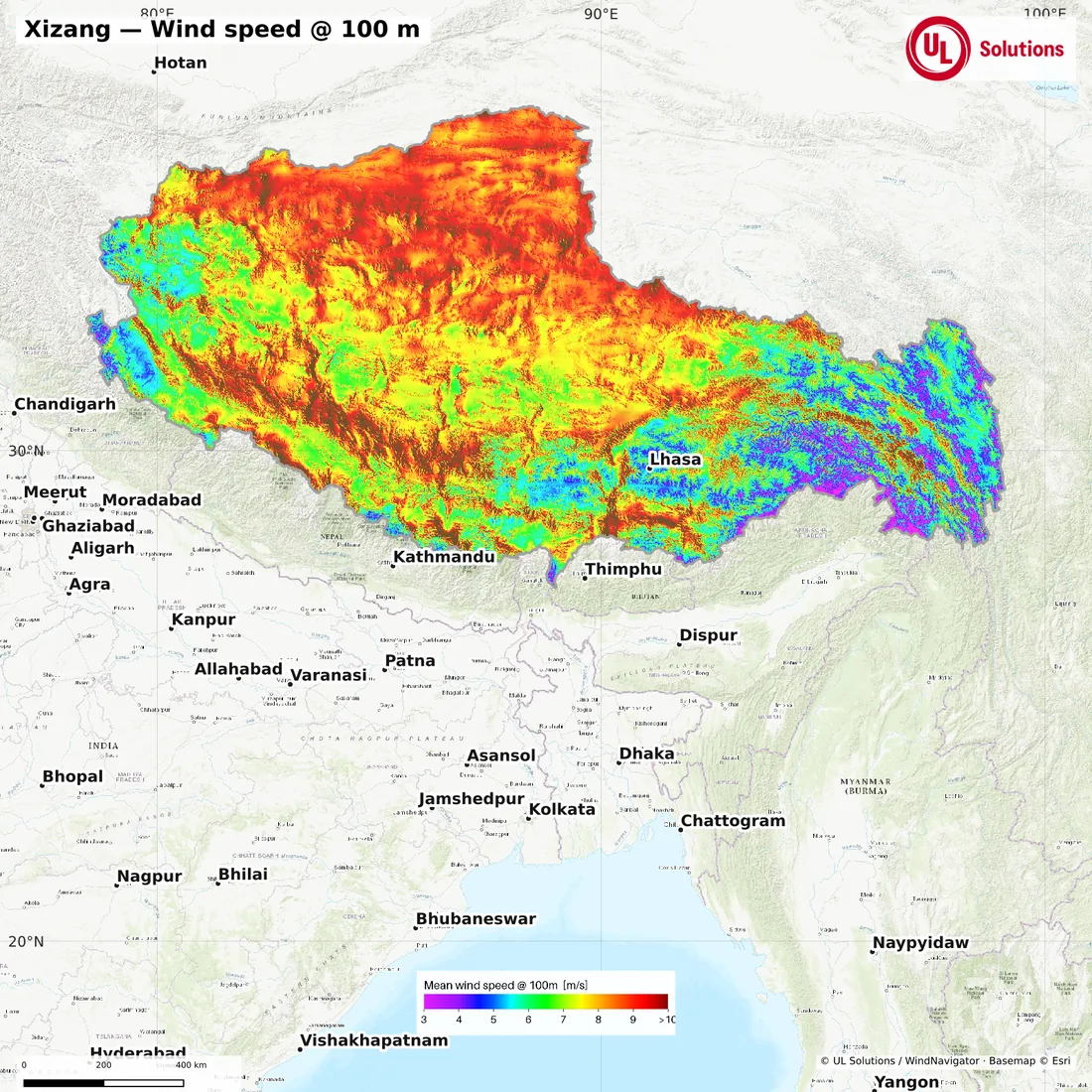 Wind speed map of Xizang at 100m hub height