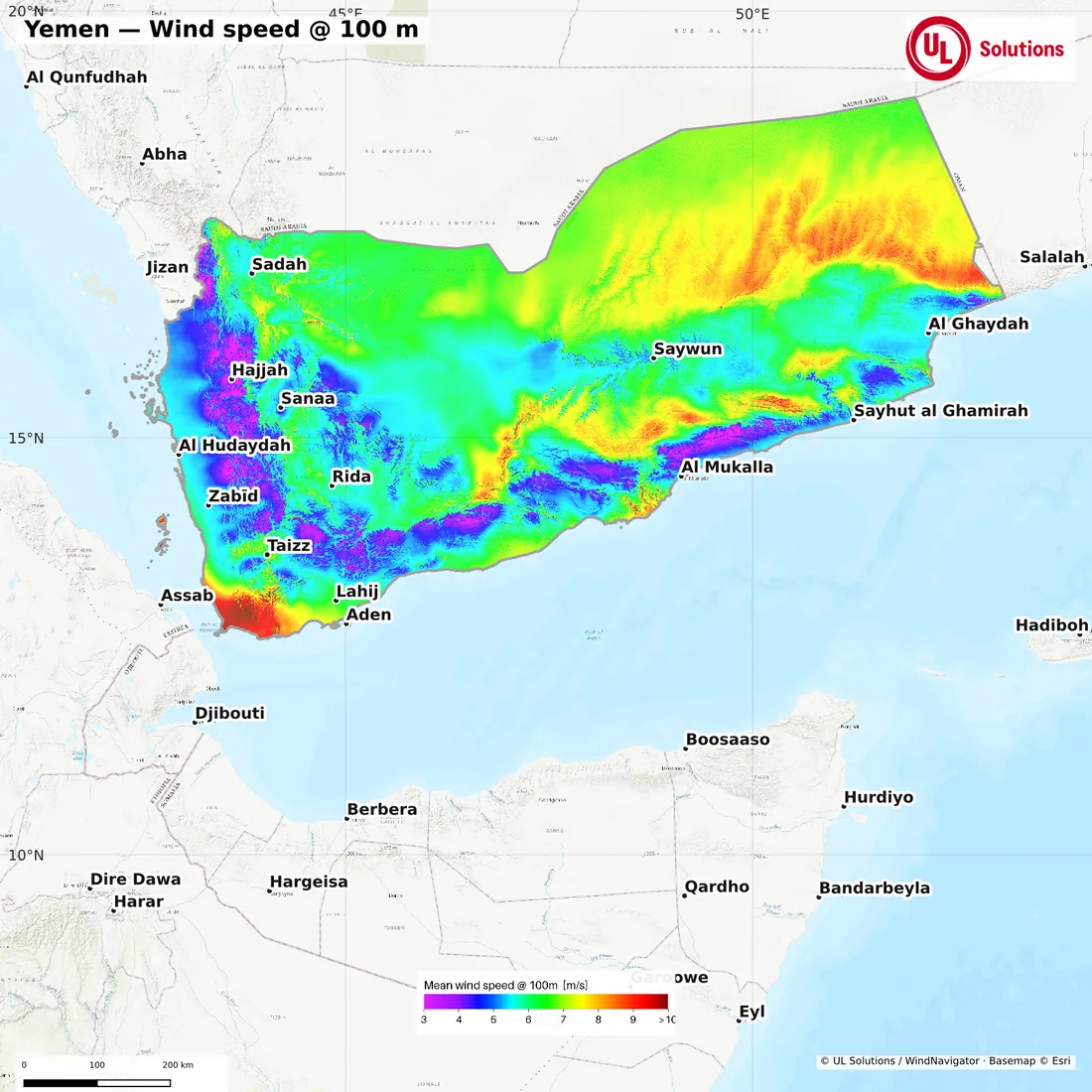 Wind speed map of Yemen at 100m hub height