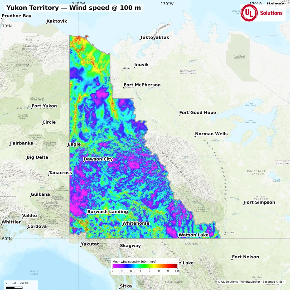 Wind speed map of Yukon Territory at 100m hub height