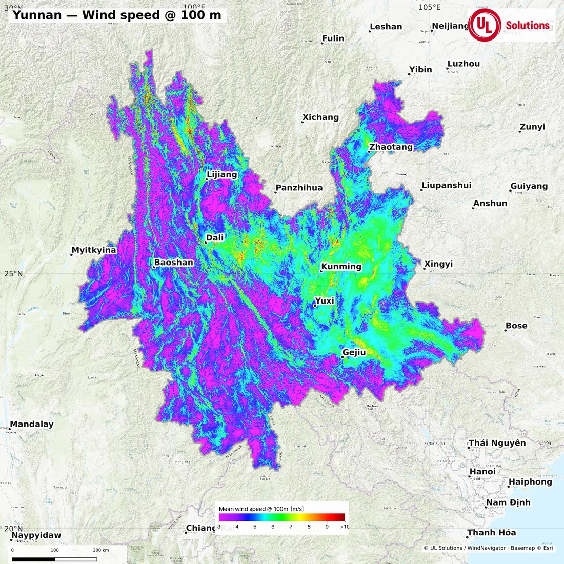 Wind speed map of Yunnan at 100m hub height