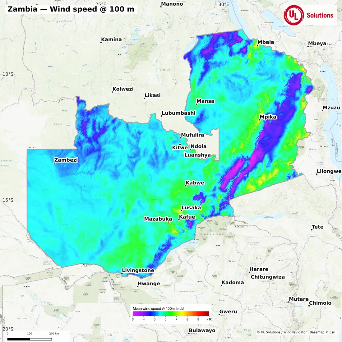 Wind speed map of Zambia at 100m hub height