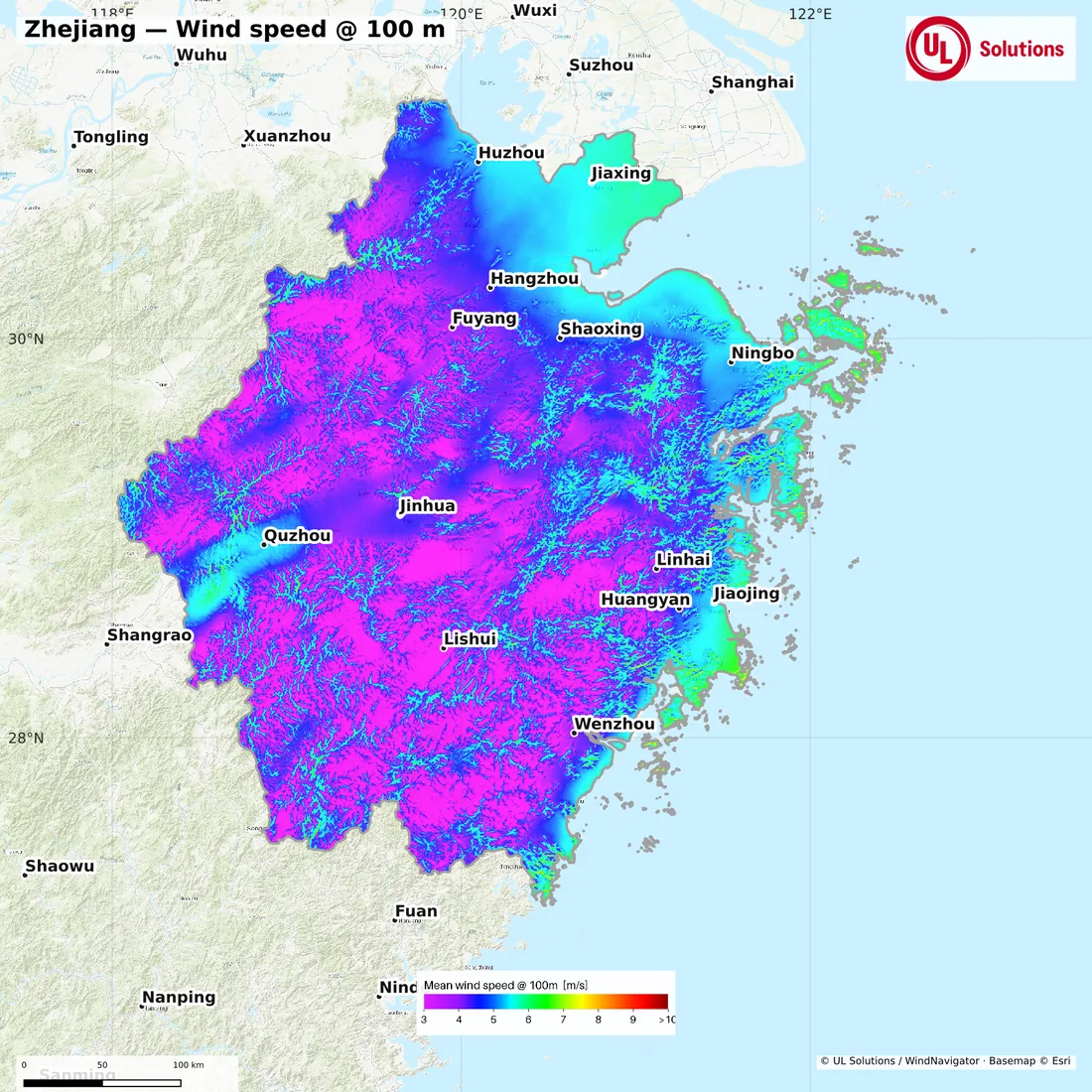 Wind speed map of Zhejiang at 100m hub height
