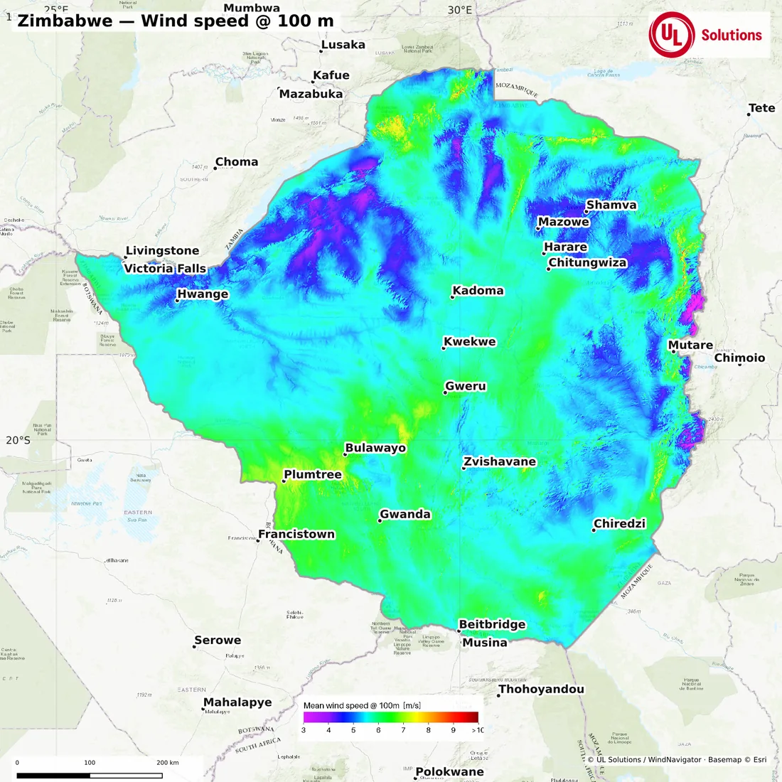 Wind speed map of Zimbabwe at 100m hub height